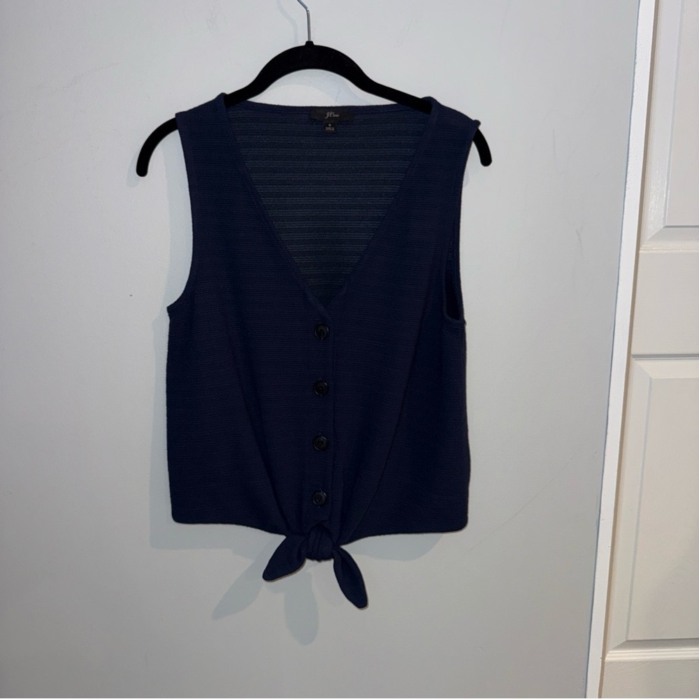 J.Crew Sz Small Button-Front Top Self-Tying Sleeveless VNeck Navy Blue L8137